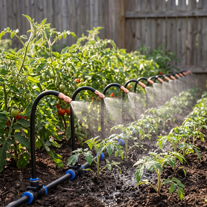 Automatic garden misting system for effortless plant hydration & irrigation.
