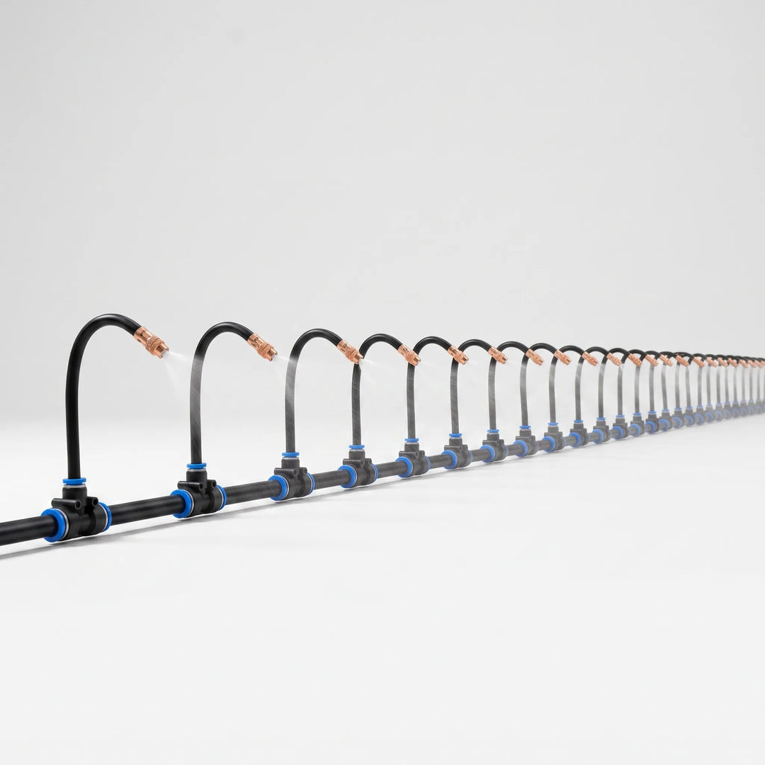 DIY outdoor misting system providing efficient watering for gardens, greenhouses & patios.