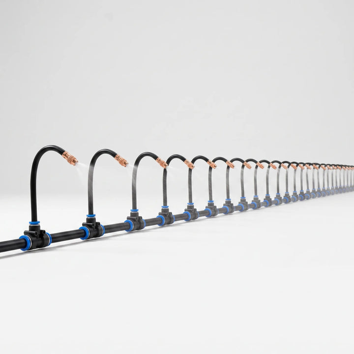 DIY outdoor misting system providing efficient watering for gardens, greenhouses & patios.