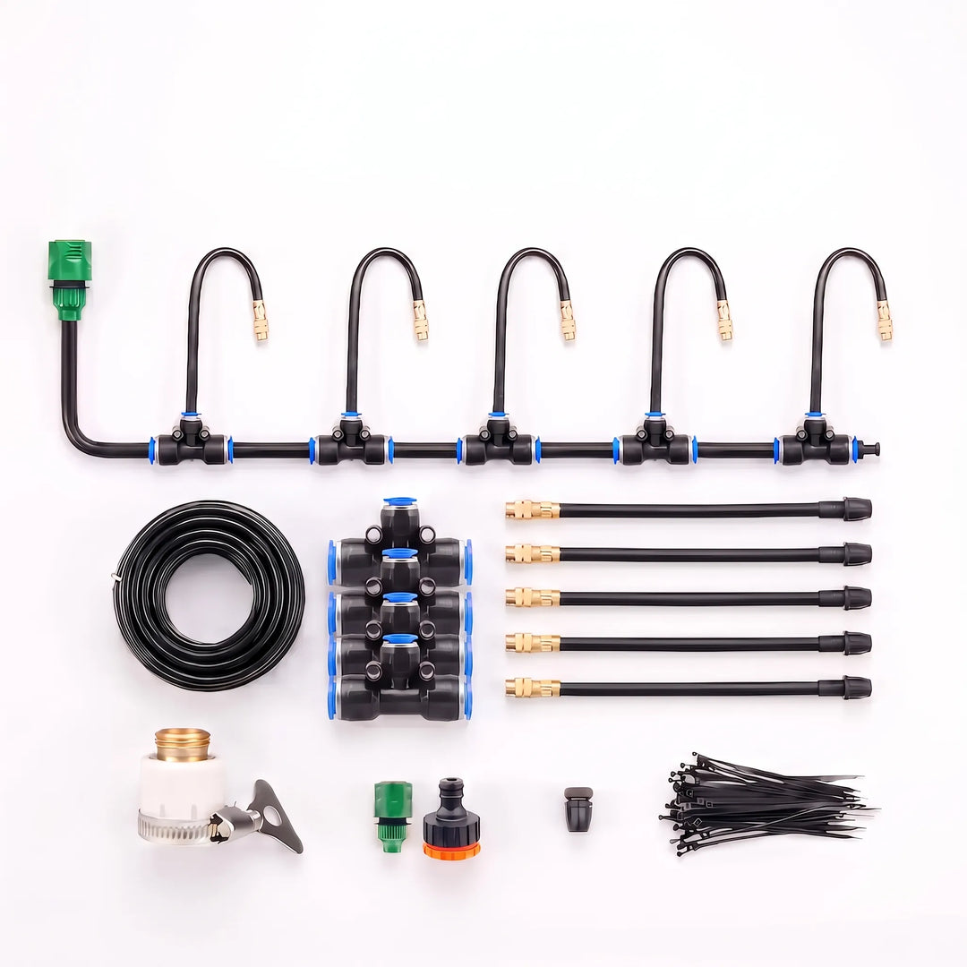 Easy-install garden misting kit, ensuring optimal hydration & plant care for all garden types.