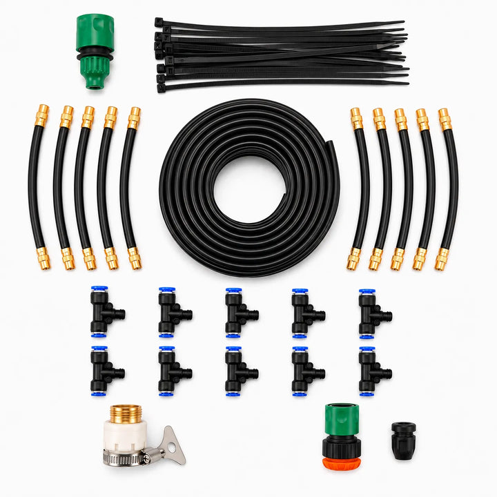 Efficient automatic irrigation system delivering fine mist for garden plants & outdoor cooling.