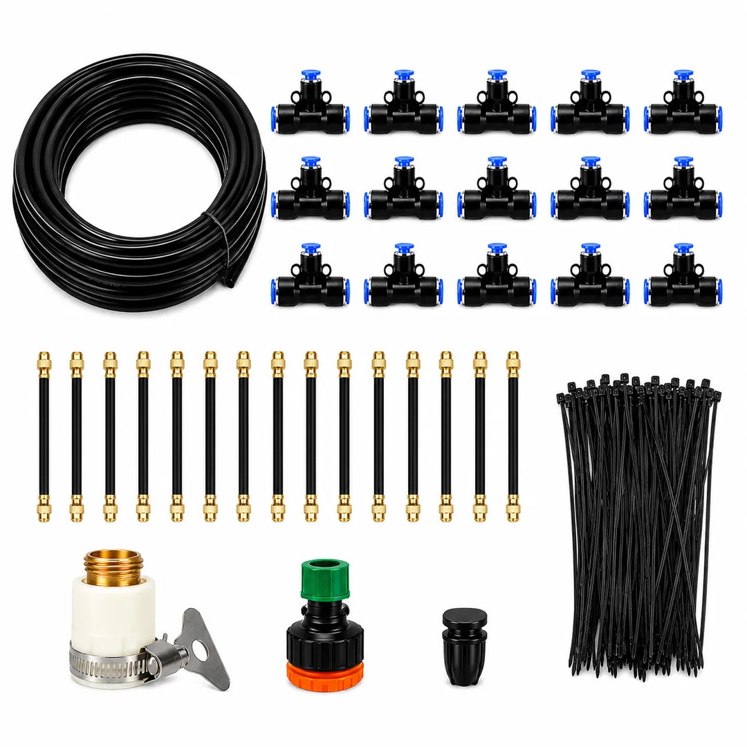 Flexible, automatic garden misting system for consistent plant care, watering, and cooling.