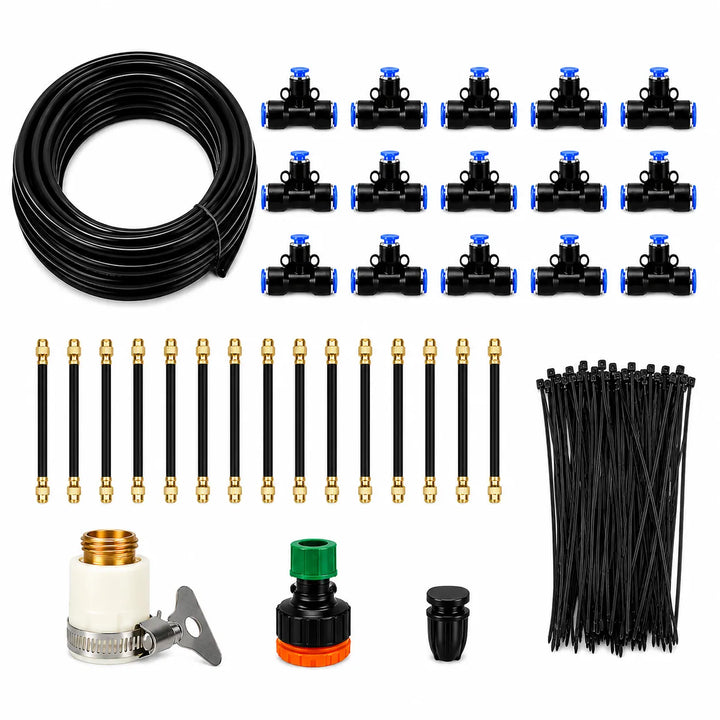 Flexible, automatic garden misting system for consistent plant care, watering, and cooling.