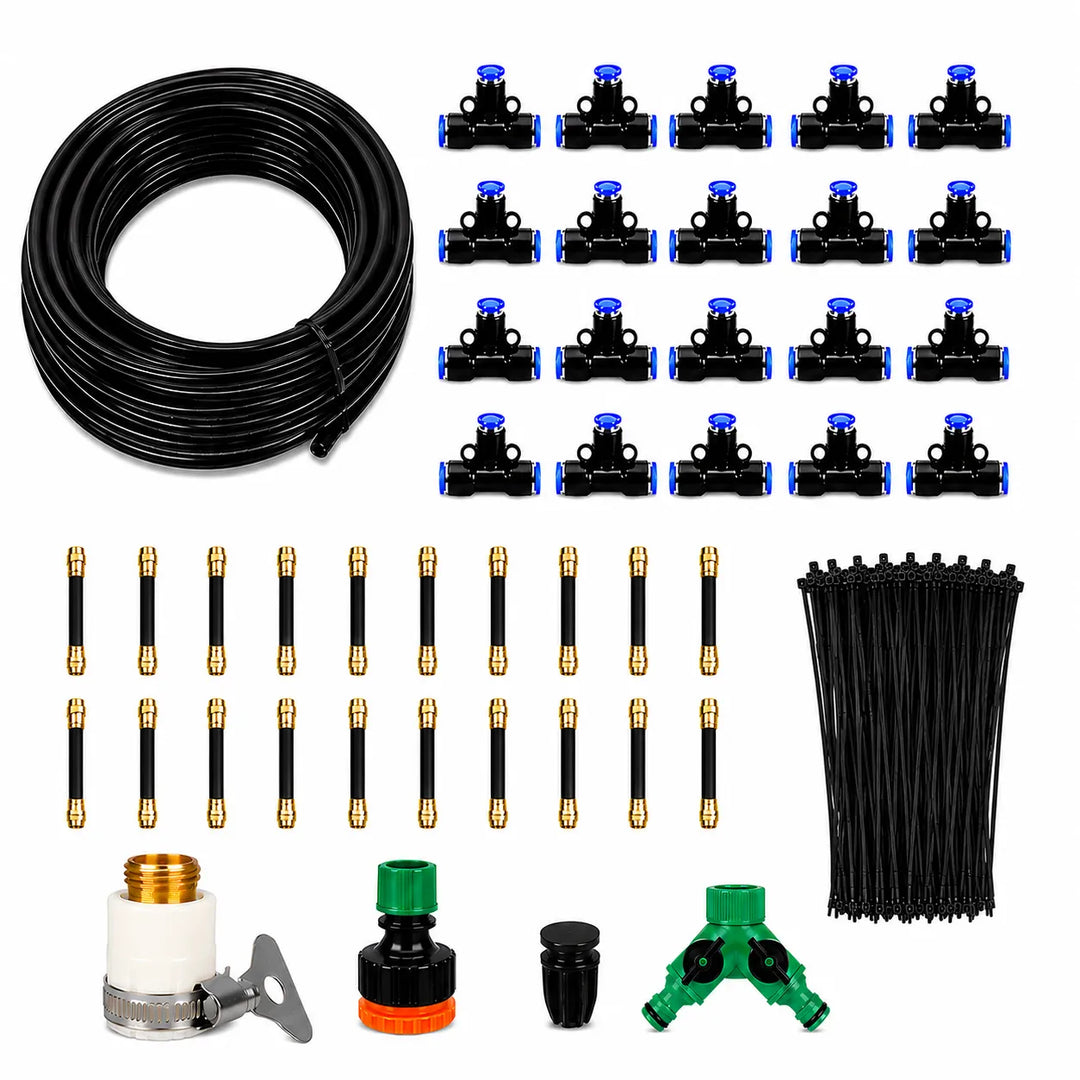 Automated outdoor watering system for gardens, greenhouses & patios; ideal for plant care.