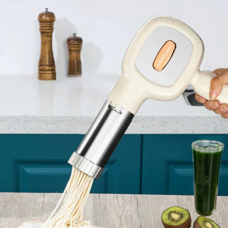 Automatic handheld pasta maker for fresh homemade noodles. Compact kitchen appliance for easy food prep.