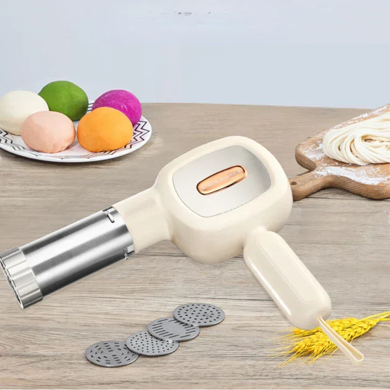 Handheld pasta machine making fresh homemade noodles simple. Perfect for delicious, healthy food prep at home.