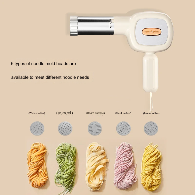 Compact, fully automatic handheld pasta maker for instant fresh noodles. Modern electric cooking tool for home.