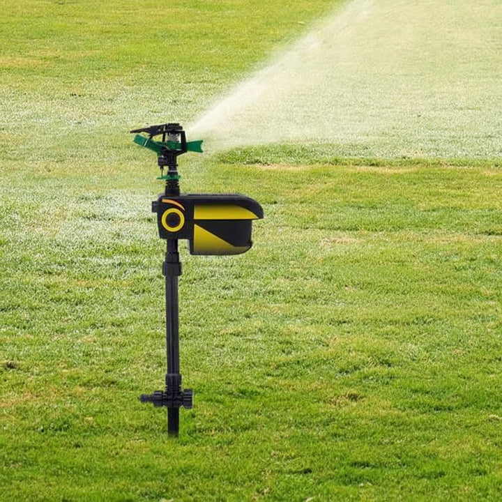 Automatic motion-activated animal repellent sprinkler protecting a garden. Humane water deterrent for pests.