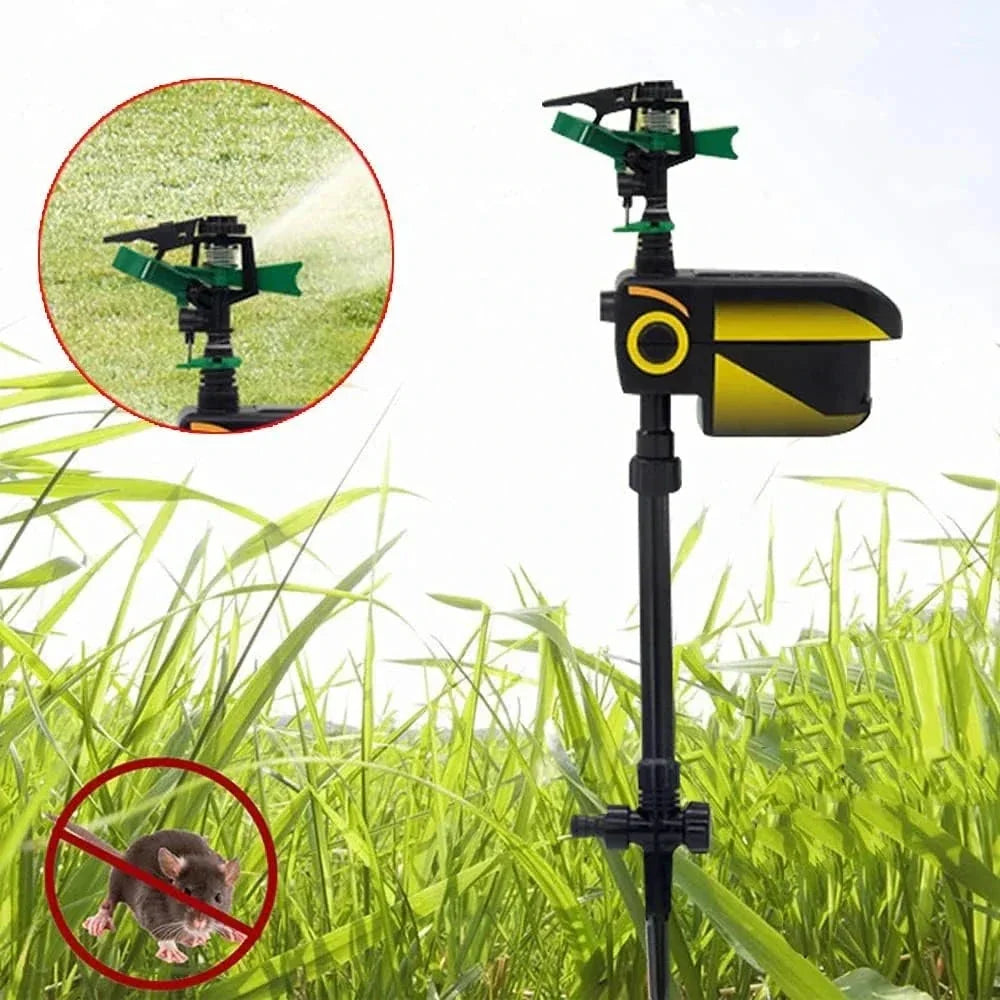 Solar-powered motion-activated garden sprinkler for humane animal pest control. Protects lawns & yards.