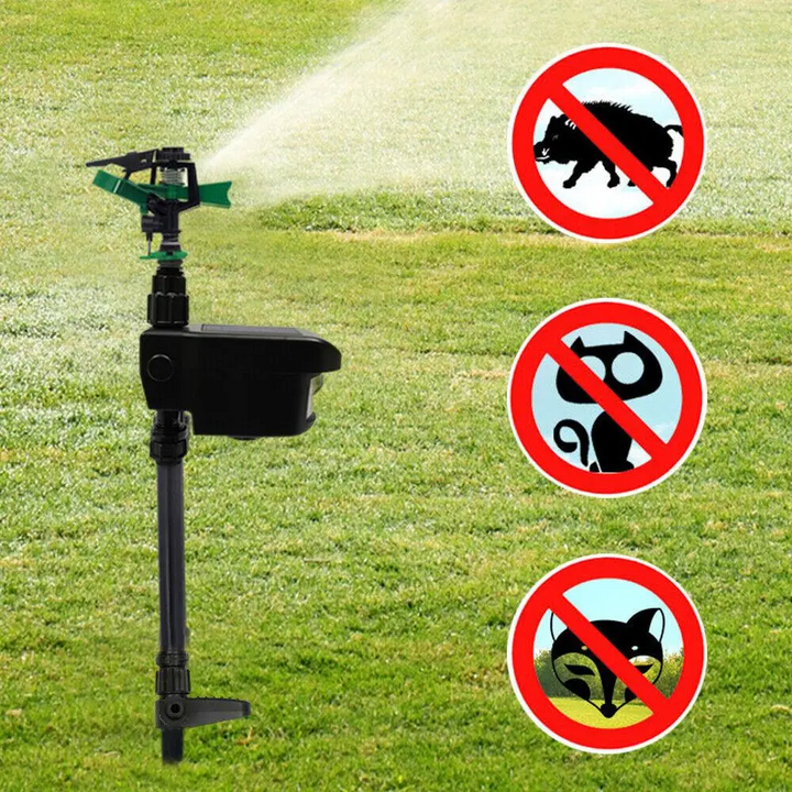 Humane animal repellent sprinkler, motion-activated for gardens. Automatic water deterrent keeps pests away.