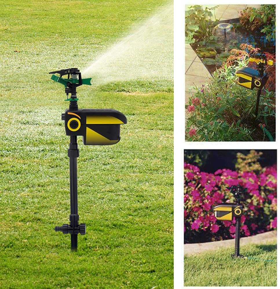 Outdoor solar animal repellent sprinkler with motion sensor. Automatic water spray for garden & lawn pest control.