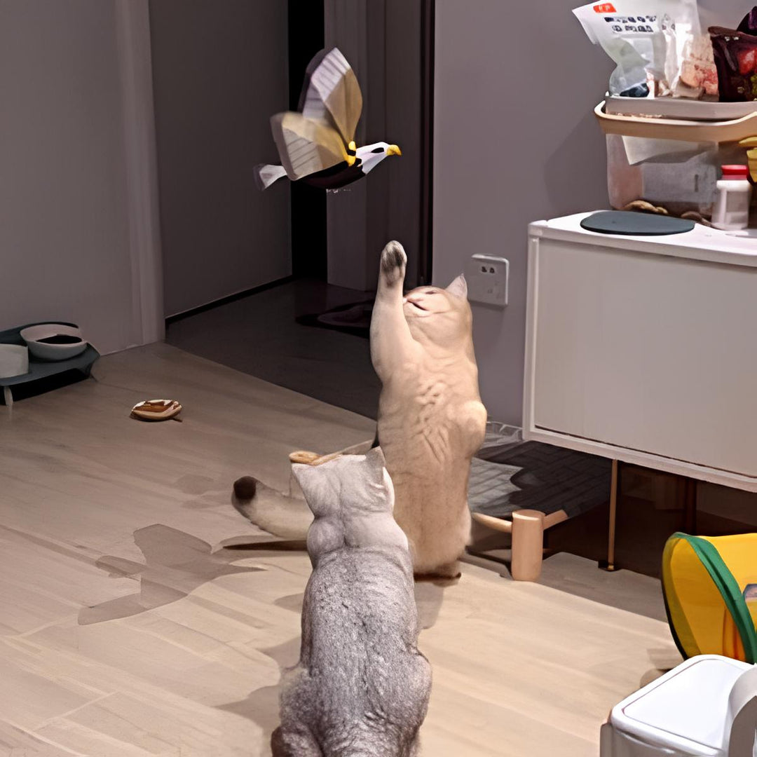 Energetic cat pouncing on an automatic flying bird toy, enjoying interactive hunting and entertainment.