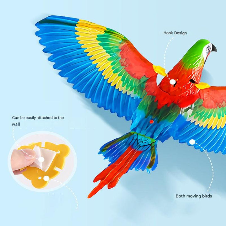 Playful cat enjoying an automatic bird toy in a bright living room, showcasing its interactive and engaging design.