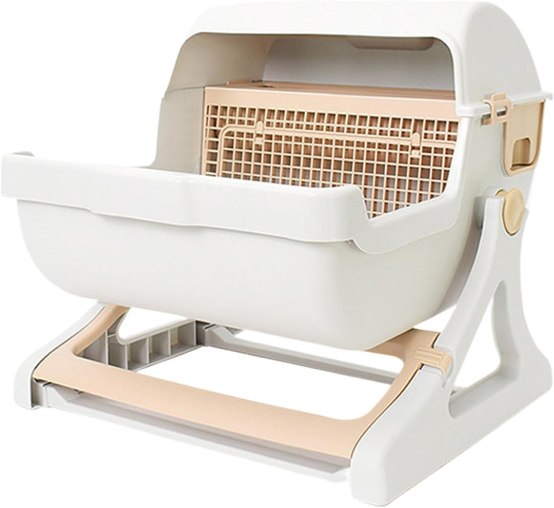 Automatic odorless open-top litter box for cats, beige gray, easy clean pet hygiene solution.