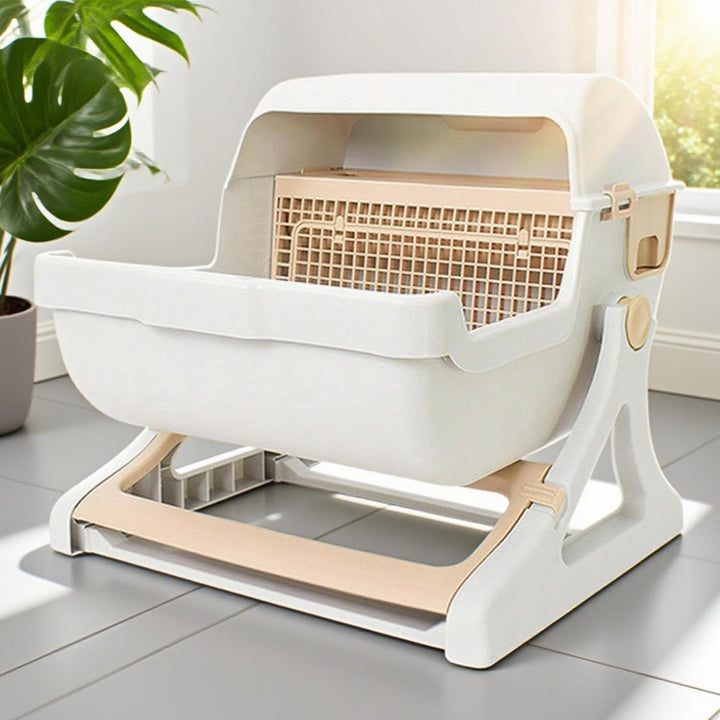 Beige gray automatic litter box with open top, self-cleaning for cat pet hygiene, easy clean features.