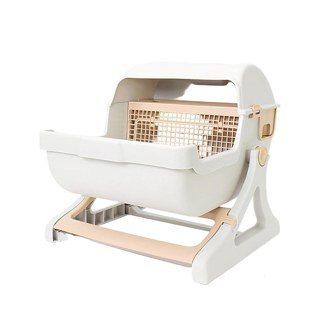Automatic cat litter box with odor control, open design, durable beige gray PP, essential pet supplies.