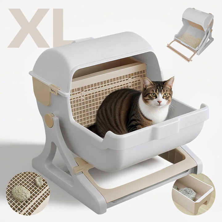 Automatic pet litter box, open top, odorless for cats, durable PP in a neutral beige gray, essential pet care.