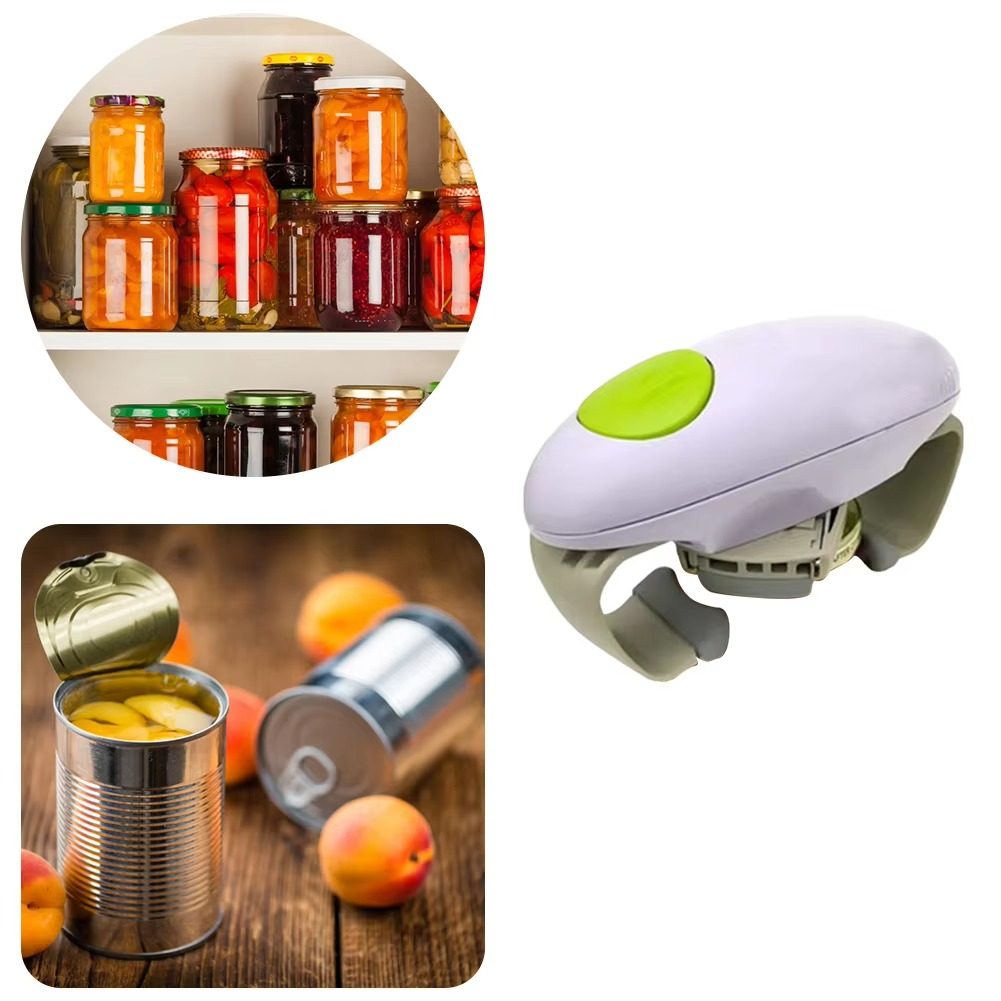 Senior friendly automatic jar & can opener; effortless one-touch kitchen aid gadget for all.