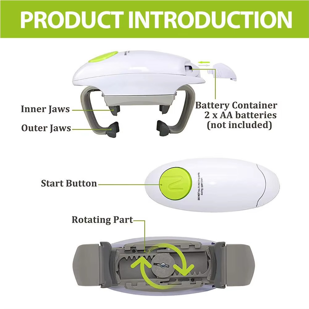 Effortless one-touch automatic can & jar opener; a senior friendly kitchen aid for easy living.