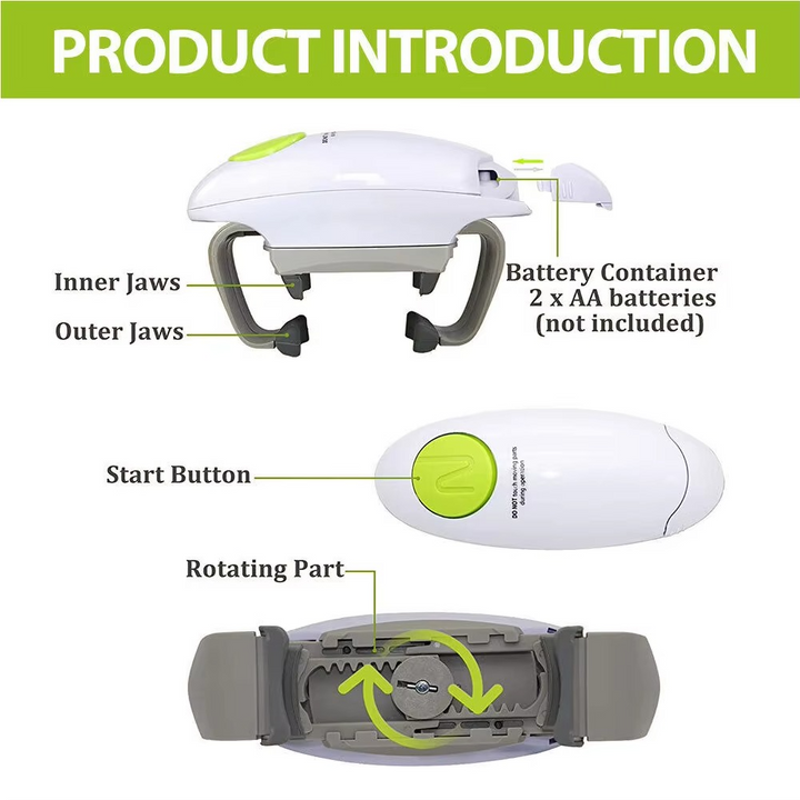 Effortless one-touch automatic can & jar opener; a senior friendly kitchen aid for easy living.