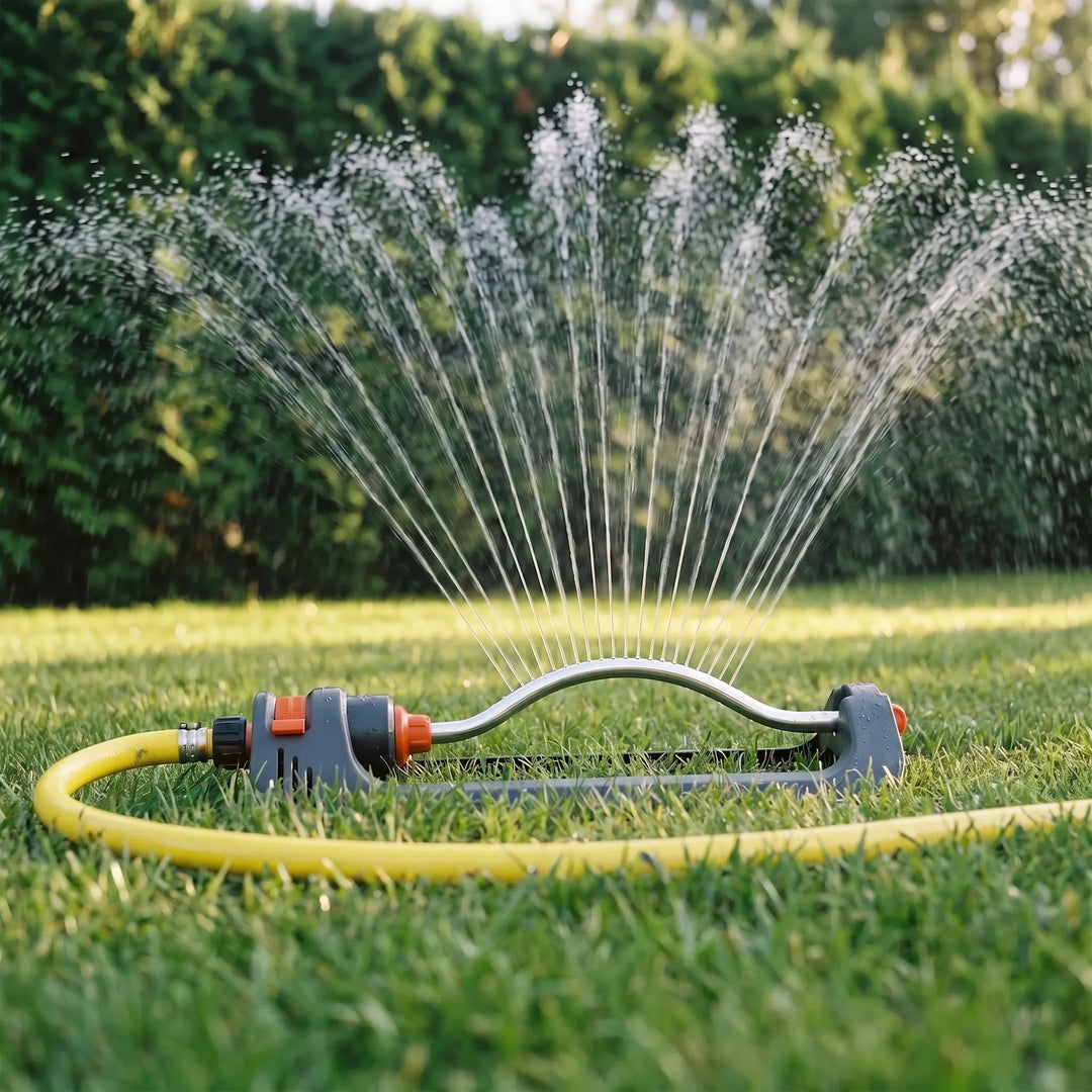 Automatic oscillating lawn sprinkler for even yard watering, ideal for efficient garden irrigation.