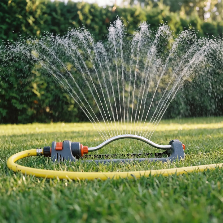 Automatic oscillating lawn sprinkler for even yard watering, ideal for efficient garden irrigation.