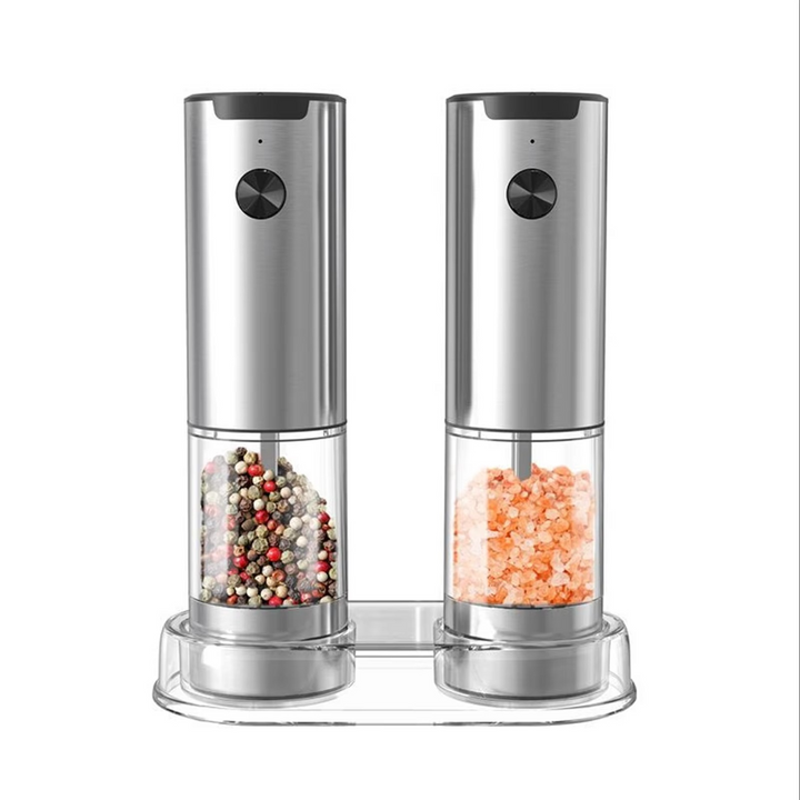 Automatic stainless steel electric salt & pepper grinder set with adjustable coarseness for kitchen use.