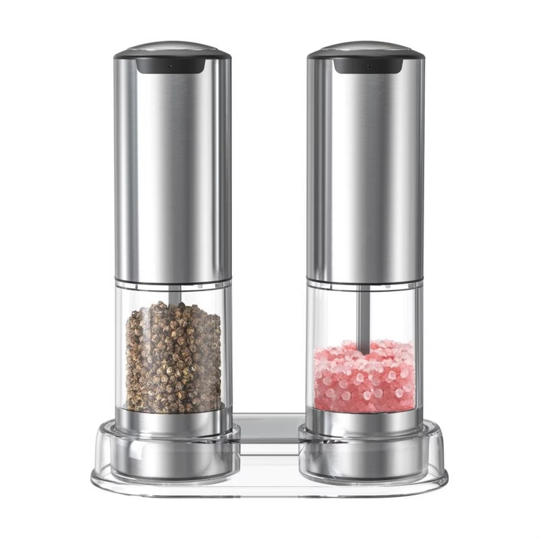 Electric salt & pepper mill set with LED light & one-hand automatic grinding; perfect kitchen cooking accessory.