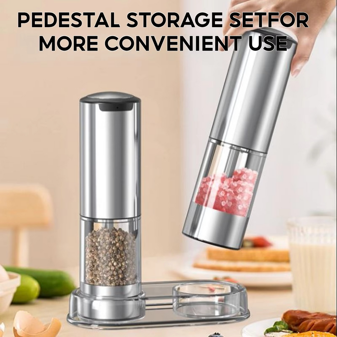 Modern electric salt & pepper grinder set, stainless steel design with LED light & automatic adjustable spice mill.