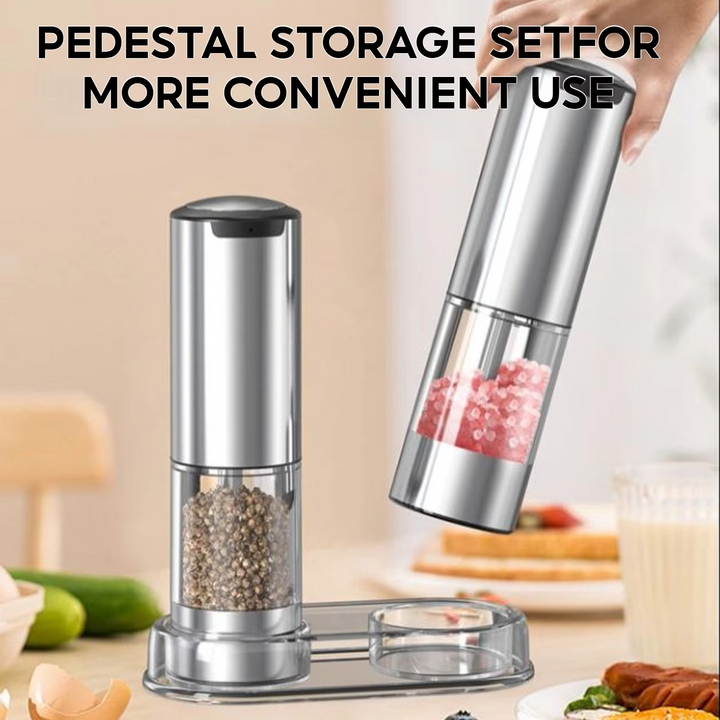 Modern electric salt & pepper grinder set, stainless steel design with LED light & automatic adjustable spice mill.