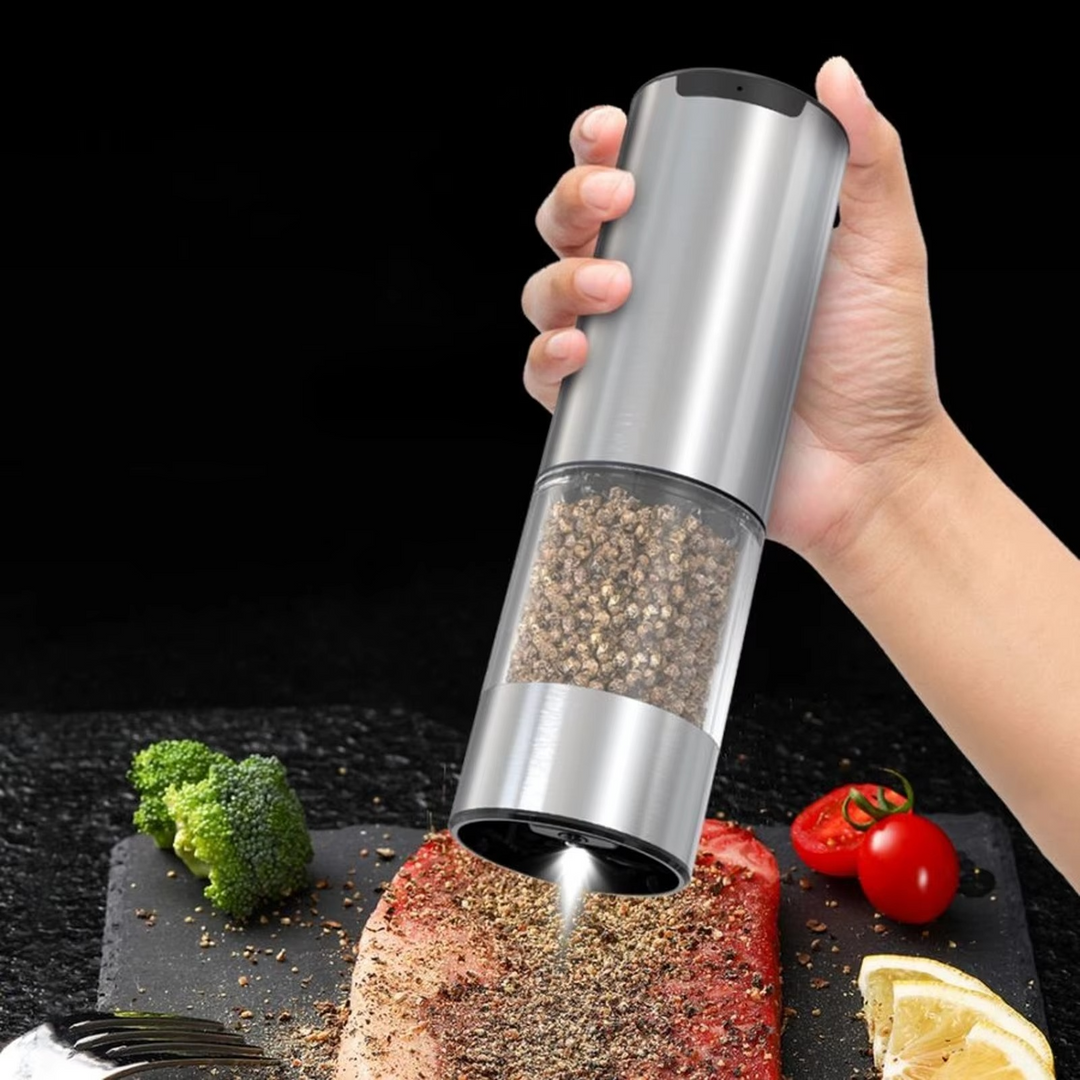 Stylish electric salt & pepper grinder set, automatic kitchen tool with adjustable coarseness for fresh spices.