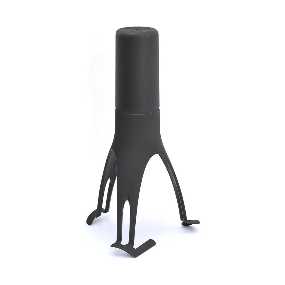 StirEase automatic stirring spoon in black plastic & stainless steel for efficient, hands-free cooking & kitchen tasks.