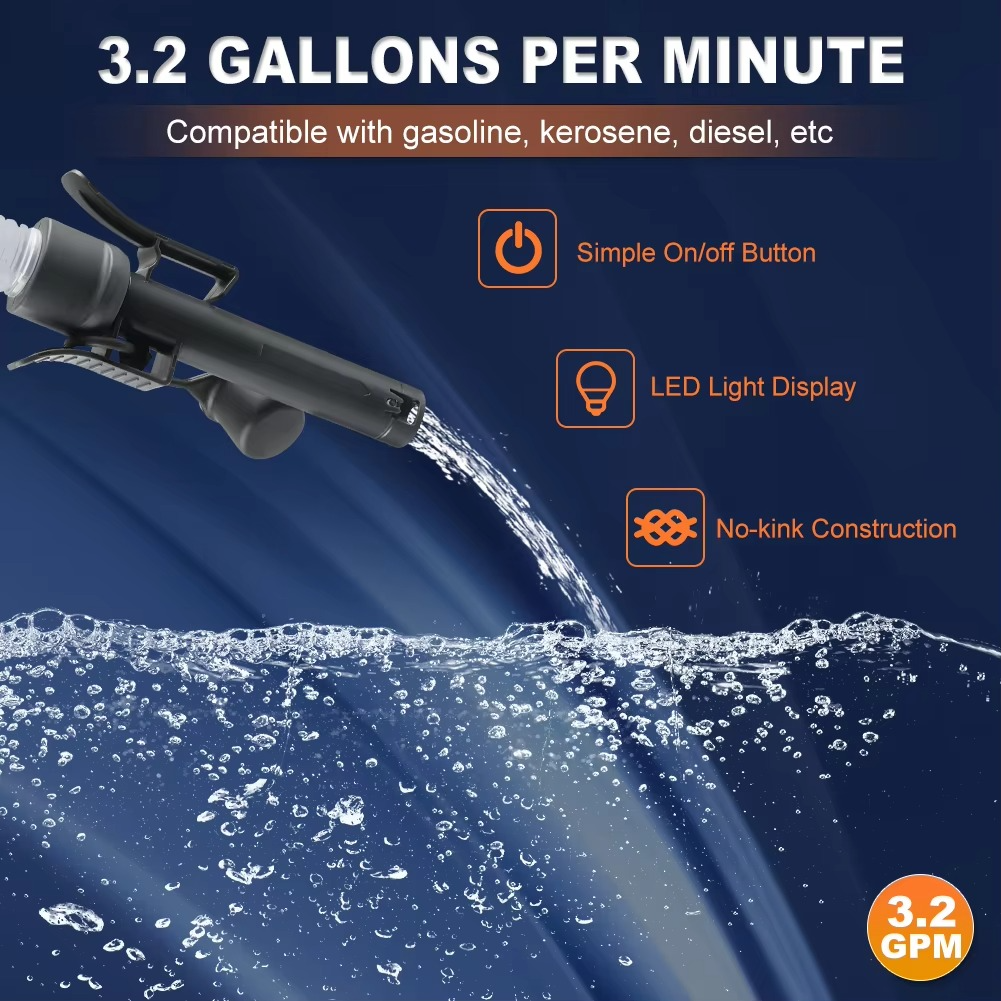 Automotive 12V fuel transfer pump with auto-stop and leak protection, ensuring clean fluid handling.