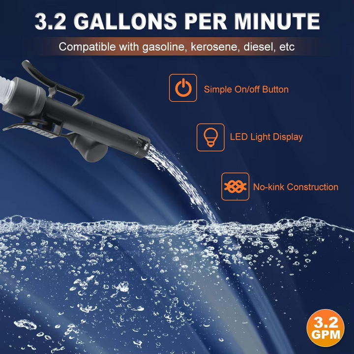Automotive 12V fuel transfer pump with auto-stop and leak protection, ensuring clean fluid handling.