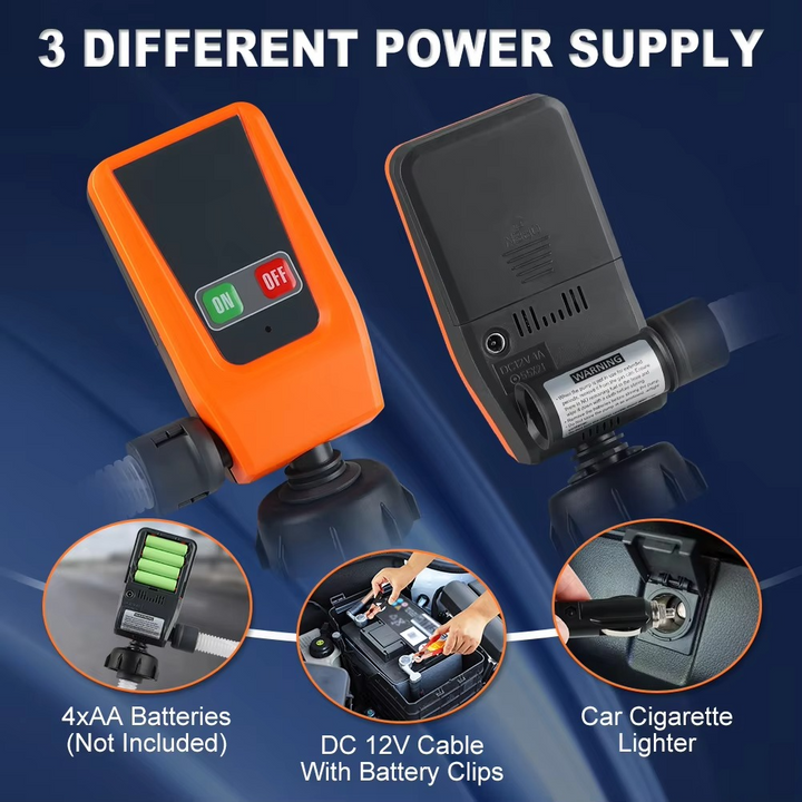 Portable 12V fuel & fluid transfer pump with auto-stop function and integrated leak protection.