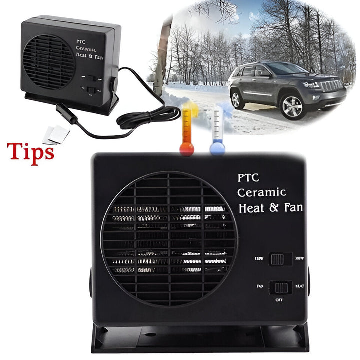 Portable 12V ceramic car heater quickly defrosts windshields & warms cabin for safe winter driving.