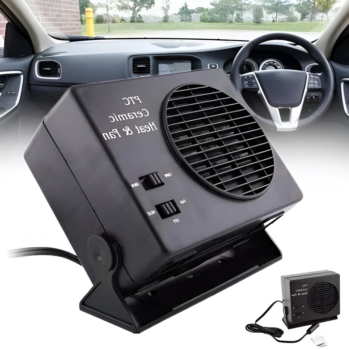 Compact 12V automotive ceramic fan heater, ideal car accessory for heating & defrosting windows.