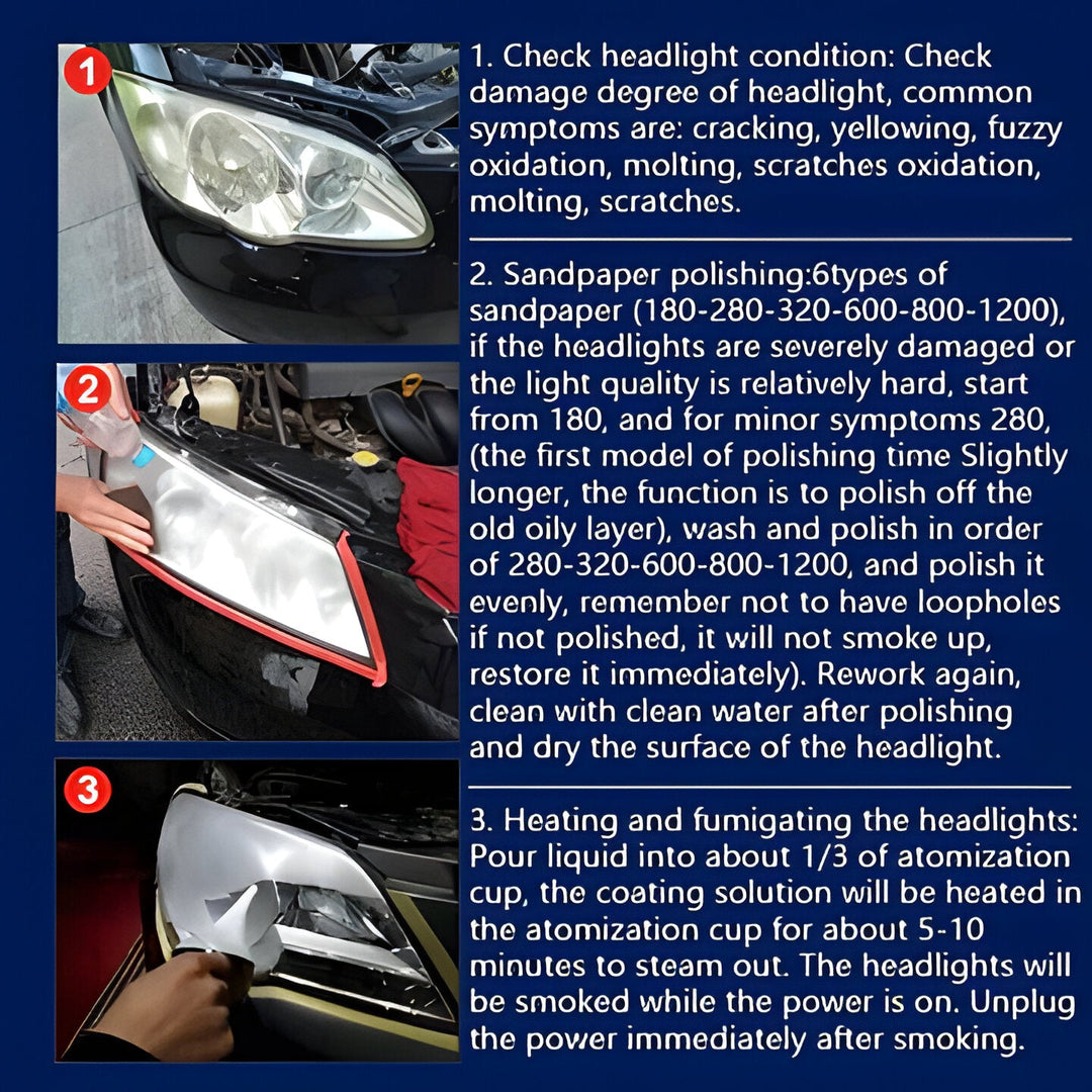 Premium car care auto detailing headlight repair kit. Improves headlight clarity & enhances vehicle maintenance.