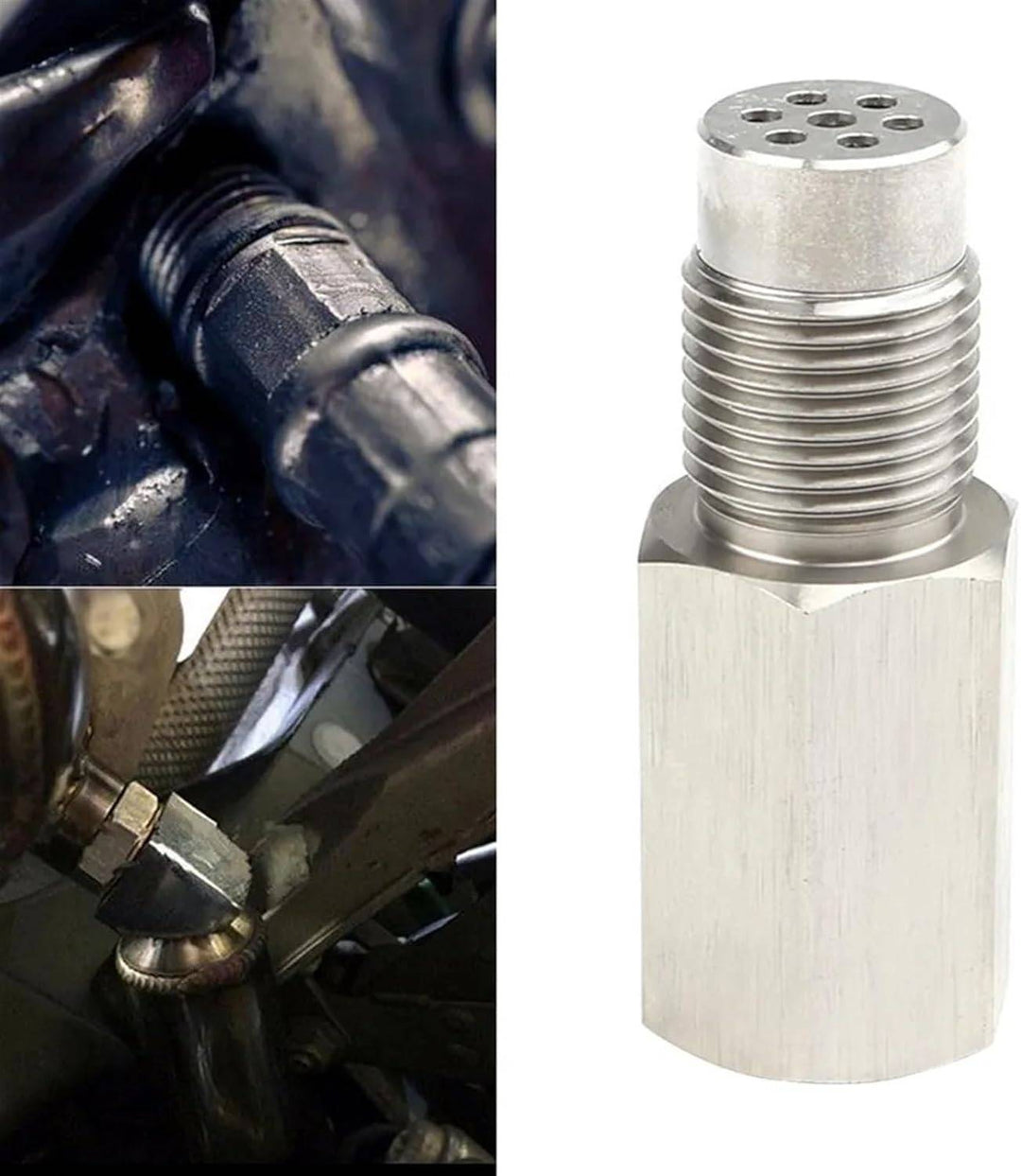 Stainless steel automotive O2 sensor adapter, mini CAT for exhaust system CEL fix and check engine light.