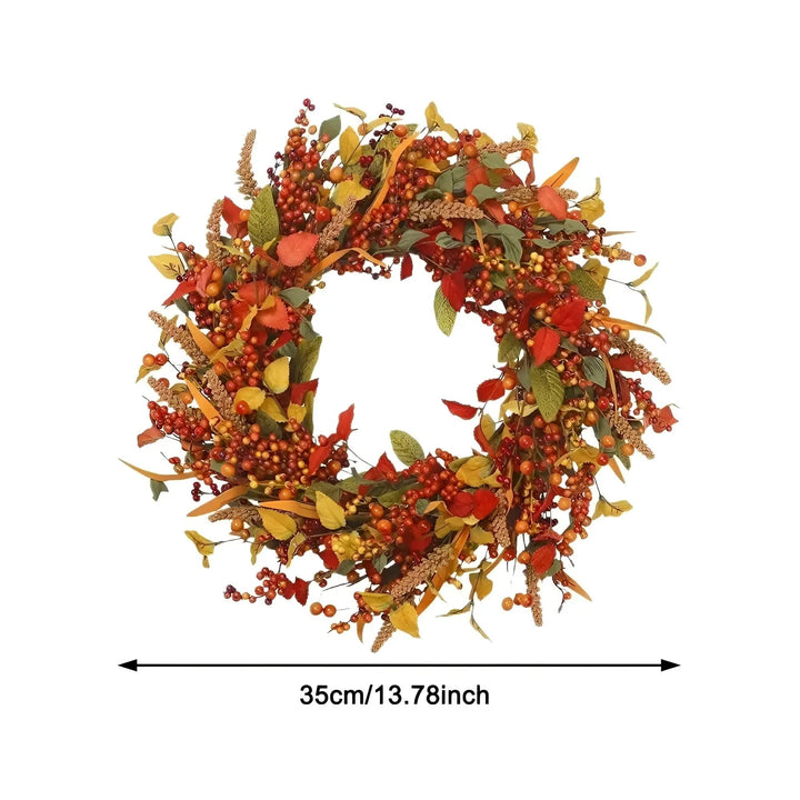 Natural rattan door wreath with vibrant amber maple leaves for autumn wall decor.