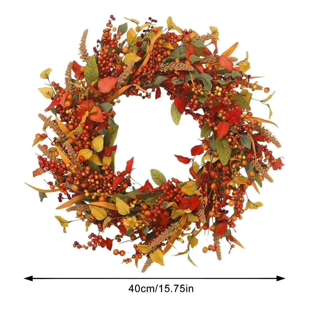 Festive autumn wreath for front door, featuring fall maple leaves & natural rattan decor.