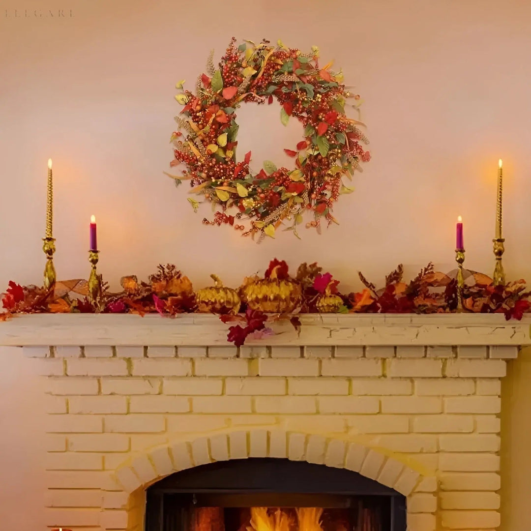 Inviting autumn door wreath, featuring a natural rattan base & vibrant maple leaf fall decor.