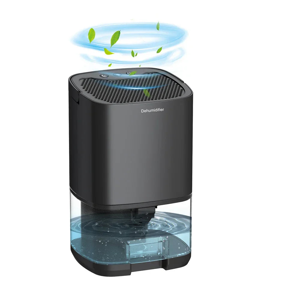 Compact 1000ml Aveline dehumidifier removing moisture from air, featuring quiet operation for home comfort.