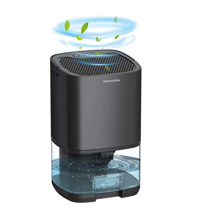 Compact 1000ml Aveline dehumidifier removing moisture from air, featuring quiet operation for home comfort.