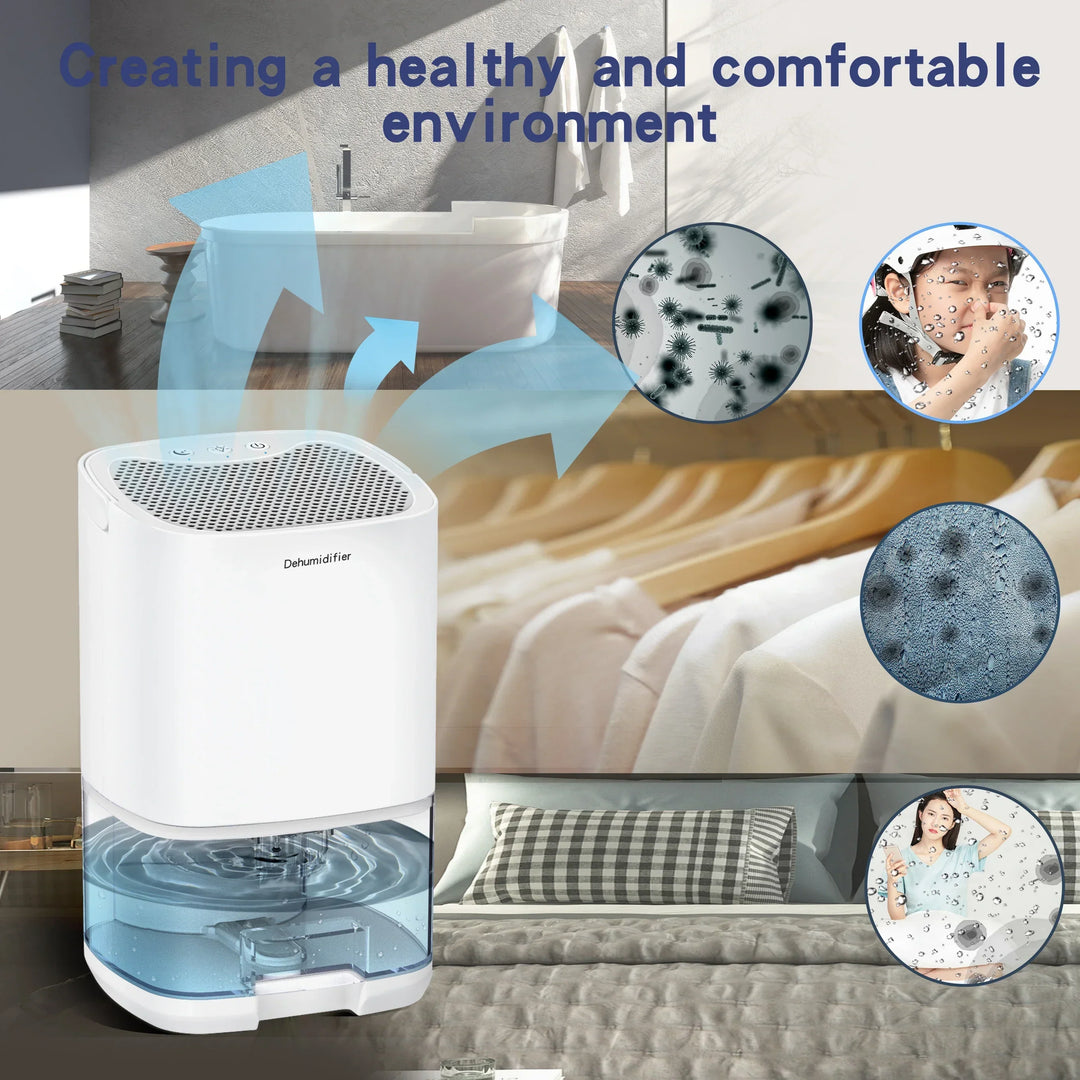 Aveline portable dehumidifier with built-in air filter, helping reduce humidity and purify air in a room.
