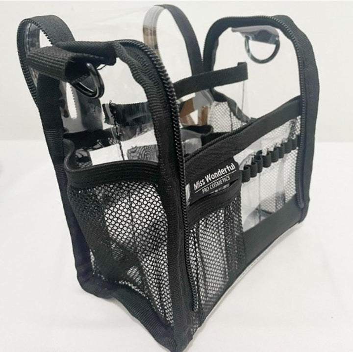 Aveline large clear travel makeup bag, filled with various cosmetic products for easy visibility.