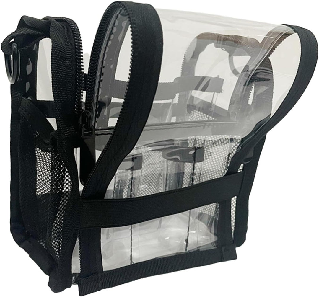 An Aveline transparent travel cosmetic bag, ideal for organizing beauty essentials on the go.