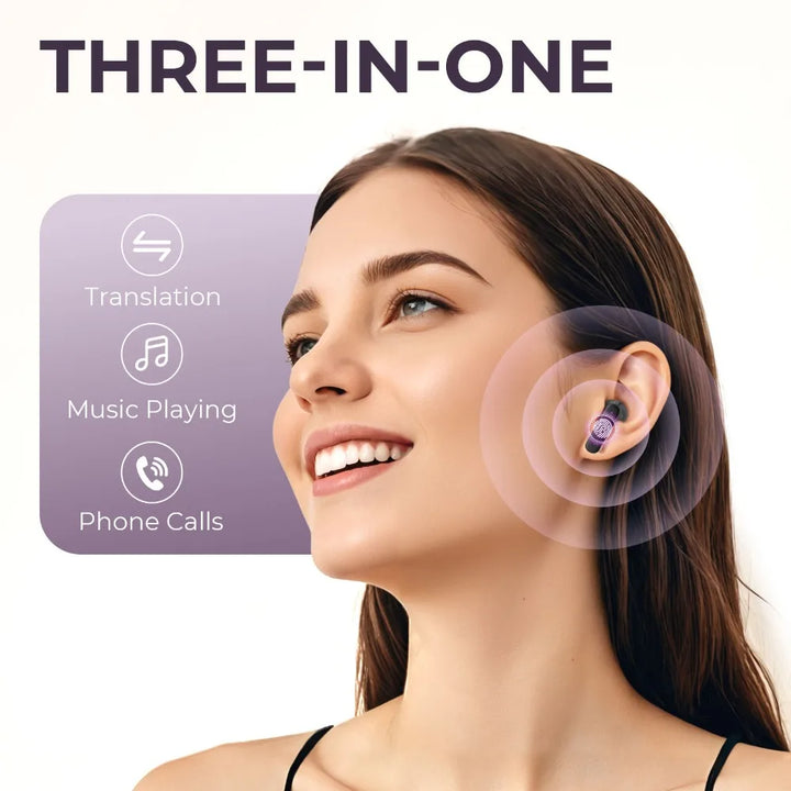 Close-up of Avelora noise cancelling translation headphones, a useful travel accessory