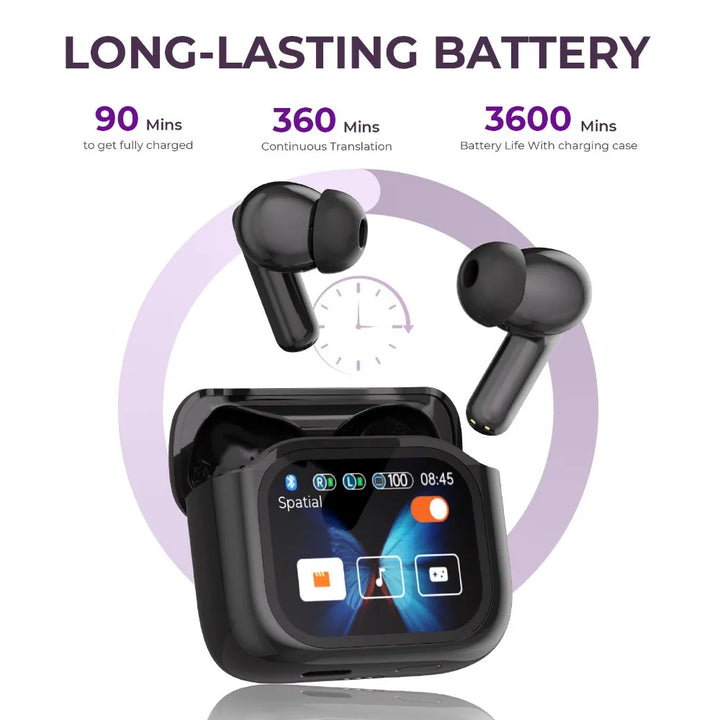 Side view of Avelora translation earbuds, innovative communication and noise reduction