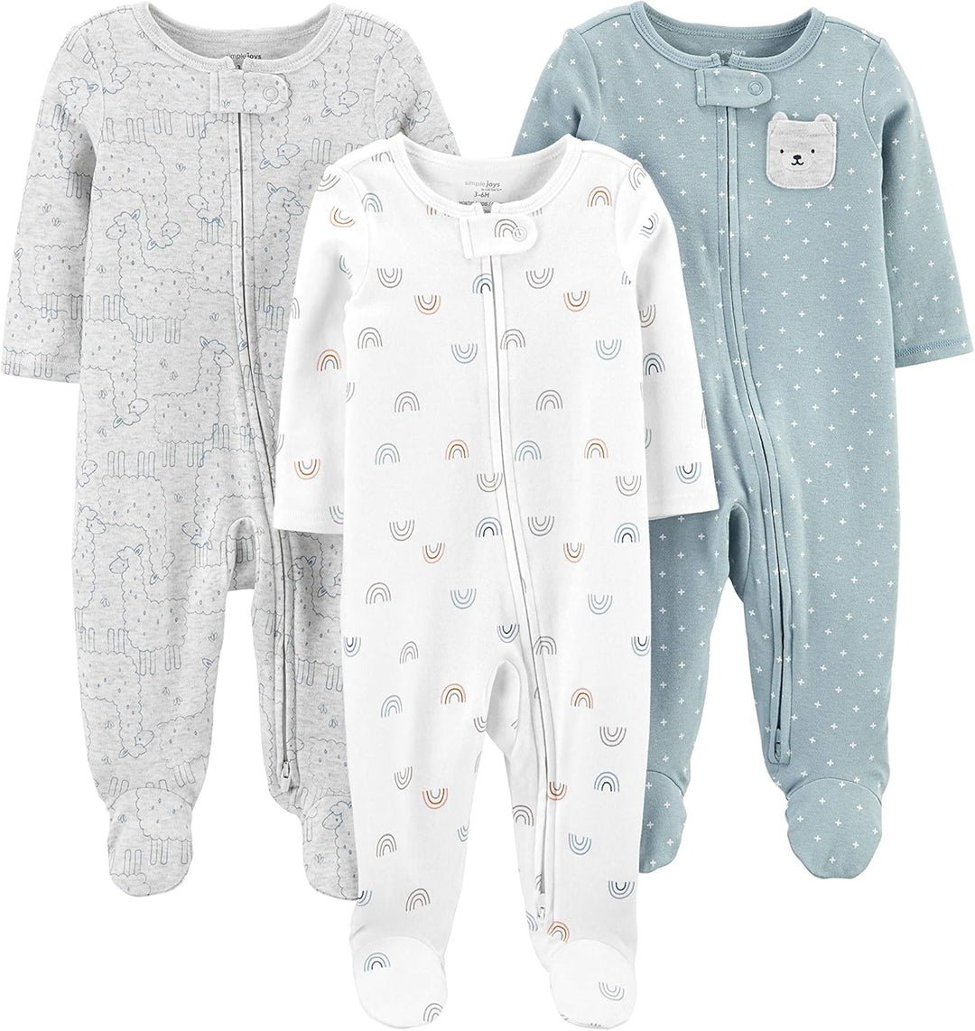Baby 3-pack winter sleep & play set for newborns, soft cotton blend pajamas in various colors.